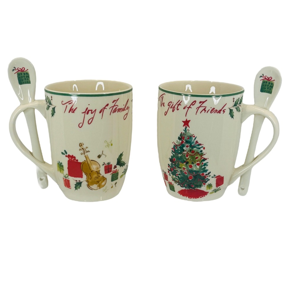 enox Xmas Mug‎ Spoon Set 2 Gift Of Friends Joy Of Family Holiday Red Boxed Cocoa